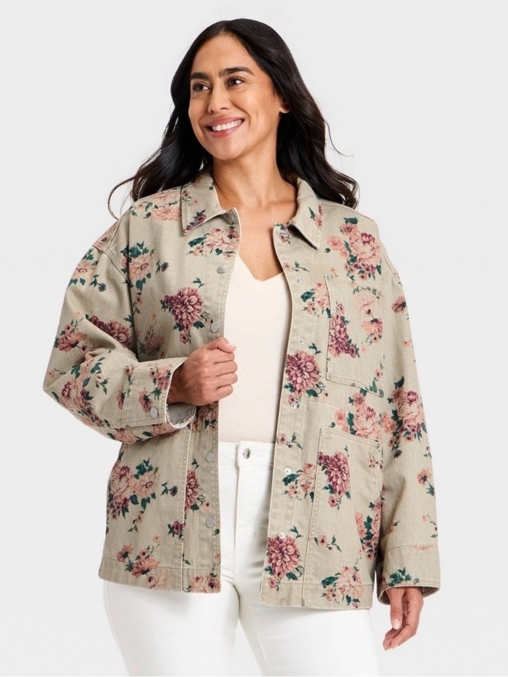 Floral Beige Utility Jacket - Women's Lightweight Floral Shacket Medium